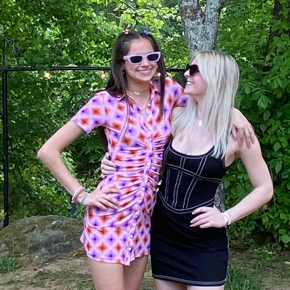 Purple and orange patterned button up dress - Picture 2 of 2